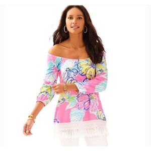 Lilly Pulitzer Multicolored Floral Fringe Blouse Top Size Small Hibiscus Print